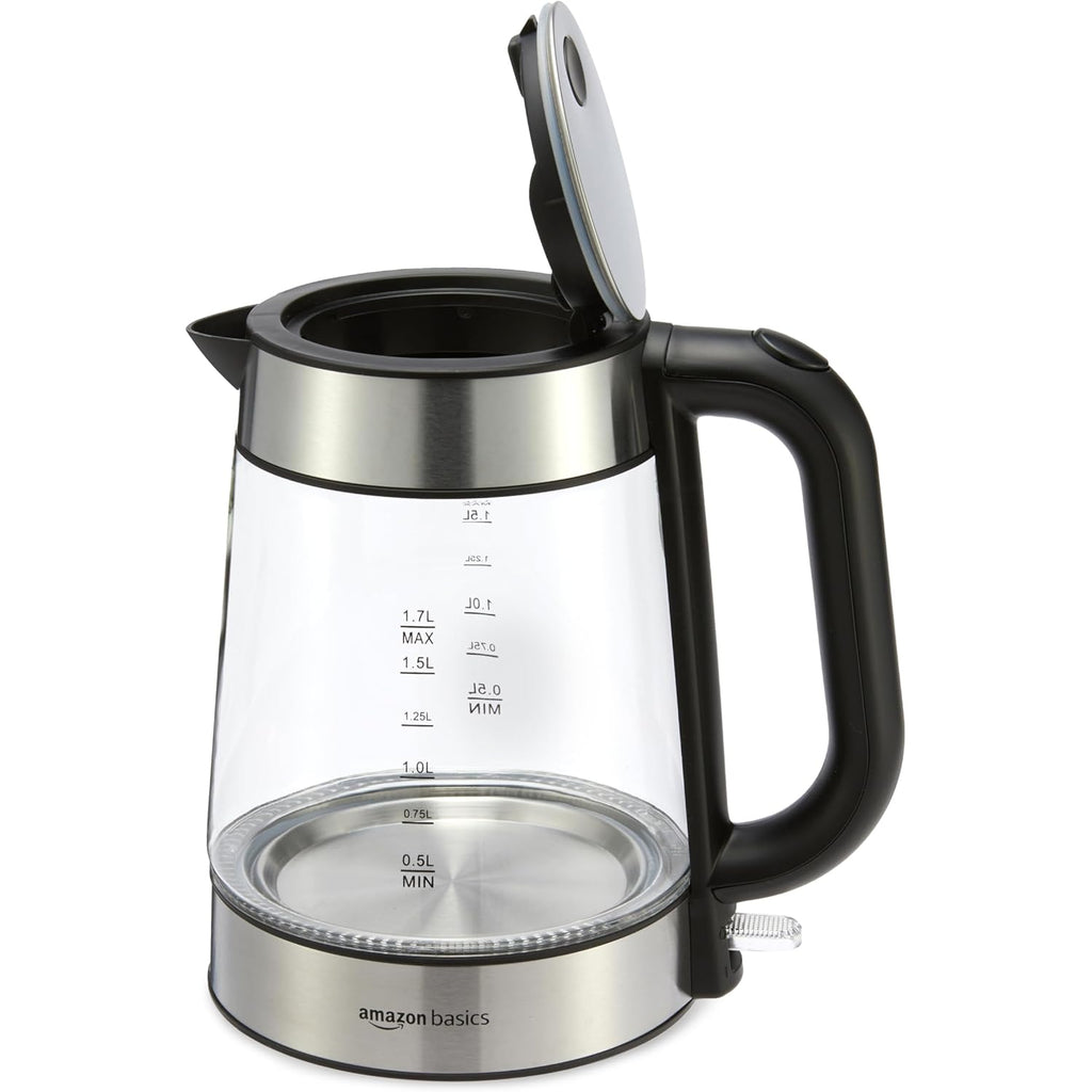 Amazon Basics Electric Kettle with Glass Carafe for Tea and Coffee, BPA-Free, Fast Boiling, Auto Shut-Off, Boil-Dry Protection, Water Level Indicator, 1.7 Liter, 1500W, Black and Silver