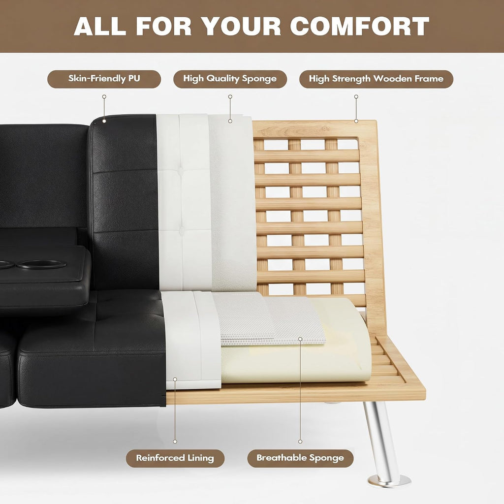 Homall Futon Sofa Bed, Leather Futon Couch With Removable Armrests, Adjustable Recliner Sleeper Sofa Bed With Dual Cup Holders For Living Room, Apartment, Office (Black)