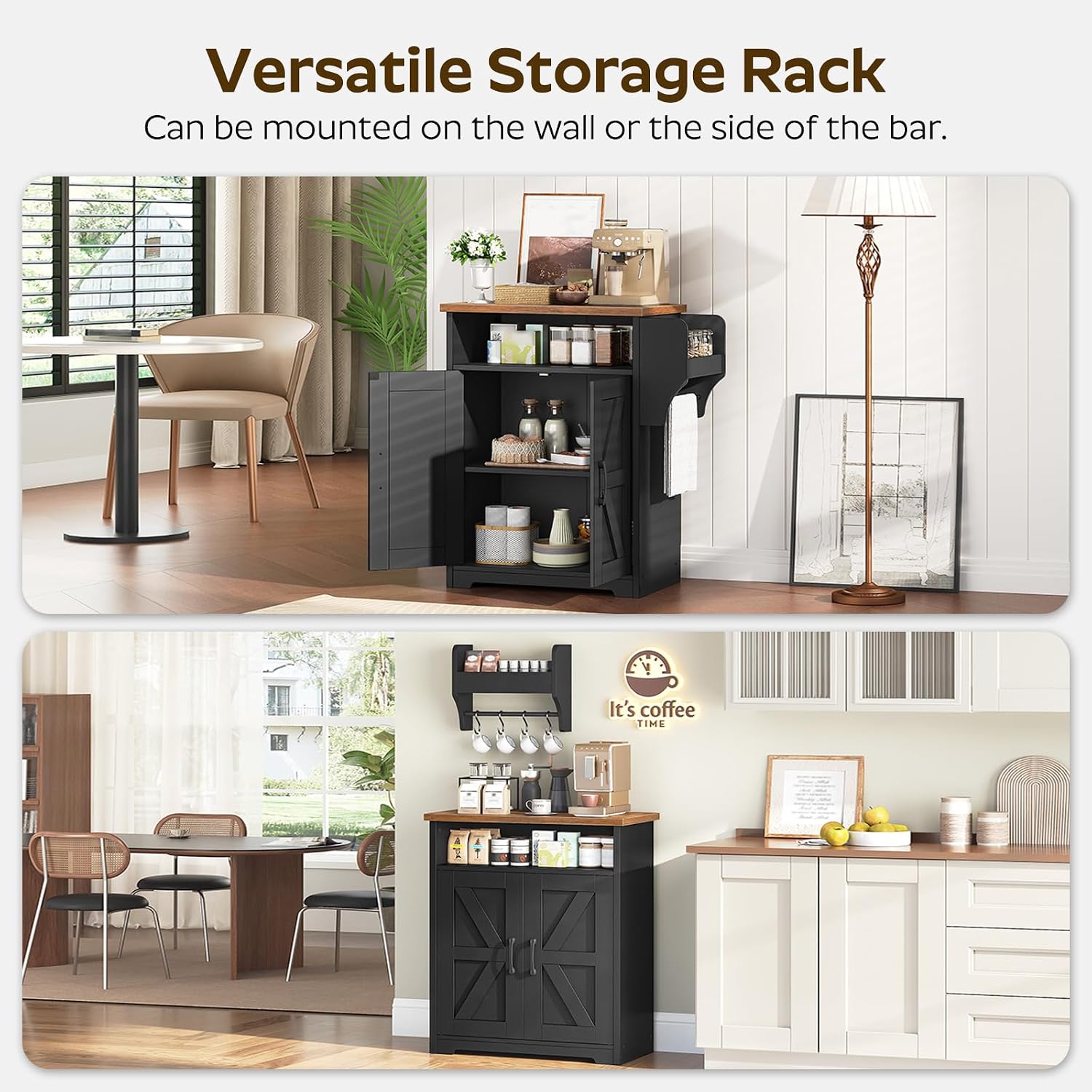 Coffee Bar Cabinet, Kitchen Island With Storage, Farmhouse Sideboard Buffet Cabinet With Dual-Purpose Floating Shelf And Hooks, For Restaurant, Living Room, Rustic Brown Kf22Br
