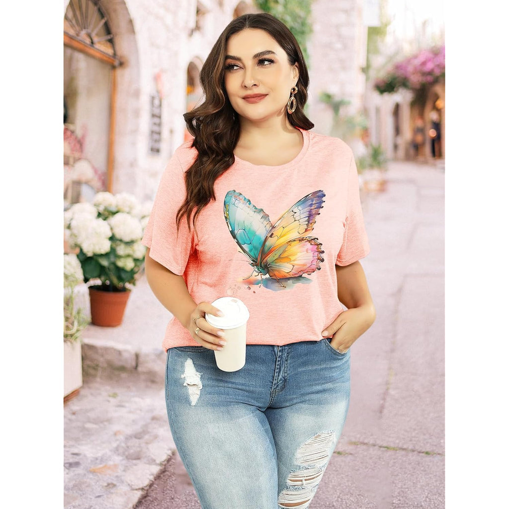 HDLTE Plus Size Womens Country Shirts Funny Western Graphic Tees Short Sleeve Flower Tops Blouses Casual Summer T-Shirt C4-butterfly Pink