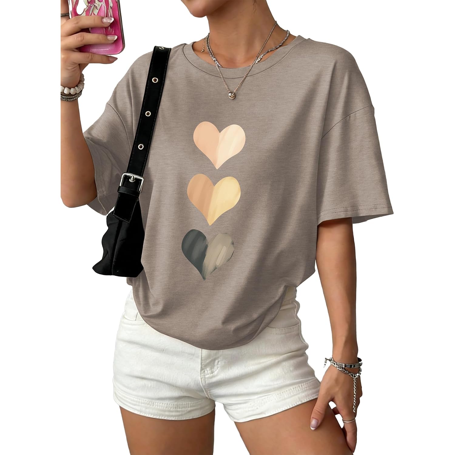 WIHOLL Oversized Tshirts for Women Summer Crew Neck Short Sleeve Graphic Tees Casual Loose Fit Workout Tops 2026 Heart Shaped Print