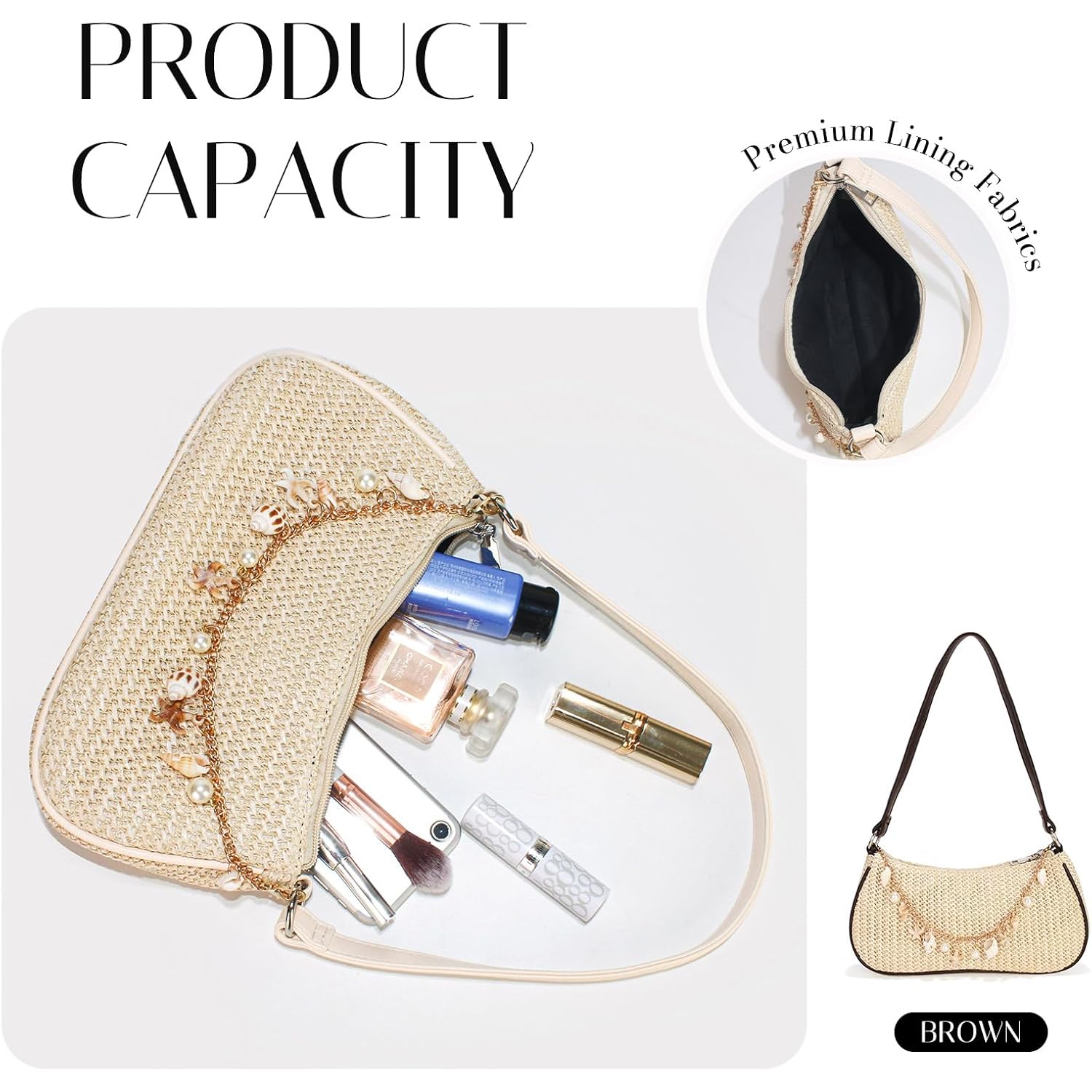 Women'S Boho Seashell Pearl Beaded Straw Clutch Purse Summer Woven Beach Bag Vacation Shoulder Handbags