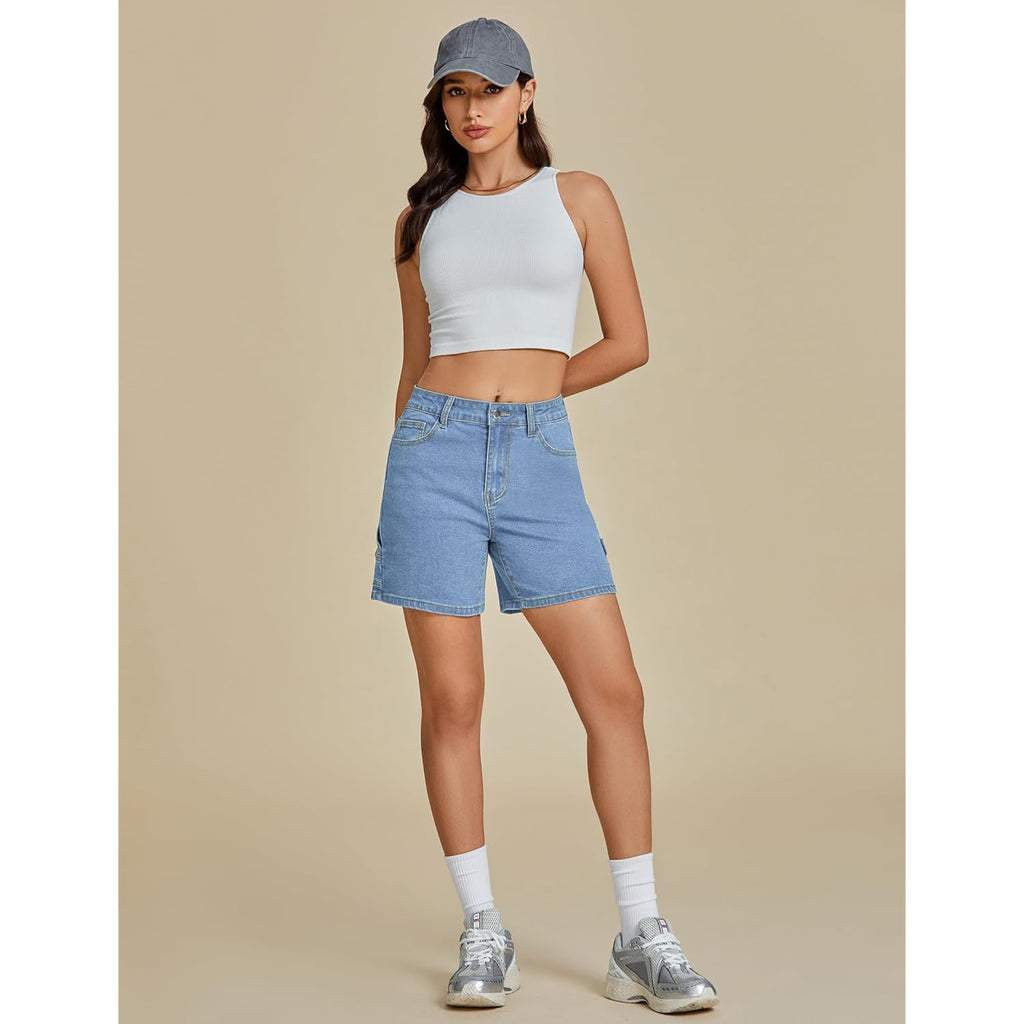 Jean Shorts for Women High Waisted Trendy Casual Utility Stretchy Denim Jorts Cutoff Long Shorts with Pockets