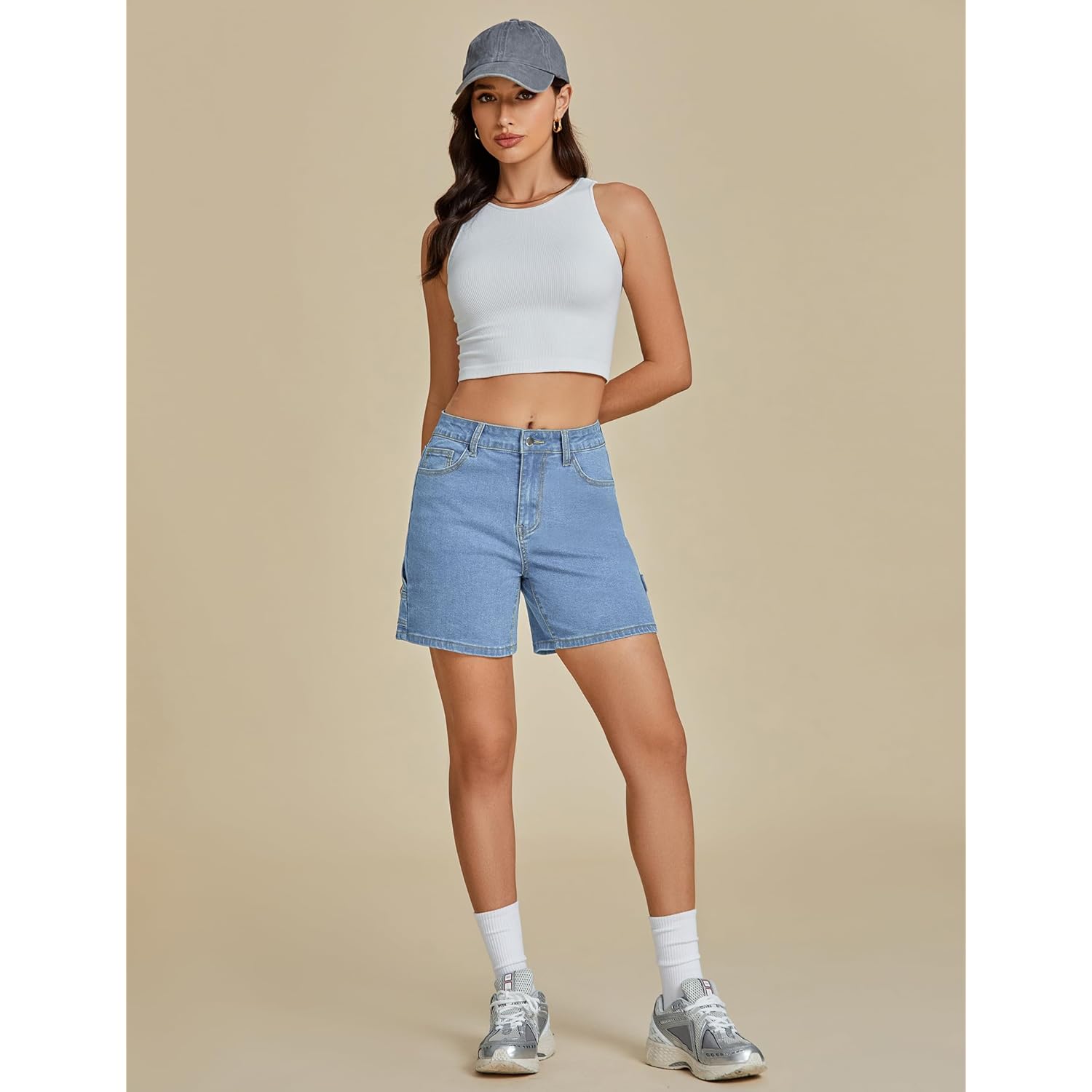 Jean Shorts for Women High Waisted Trendy Casual Utility Stretchy Denim Jorts Cutoff Long Shorts with Pockets