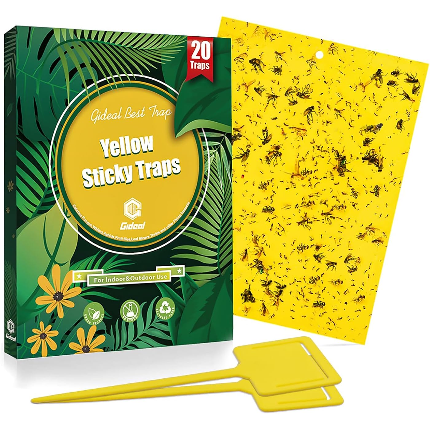 Gideal 20-Pack Dual-Sided Yellow Sticky Traps For Flying Plant Insect Such As Fungus Gnats, Whiteflies, Aphids, Leafminers,Thrips - (6X8 Inches, Included 20Pcs Twist Ties)