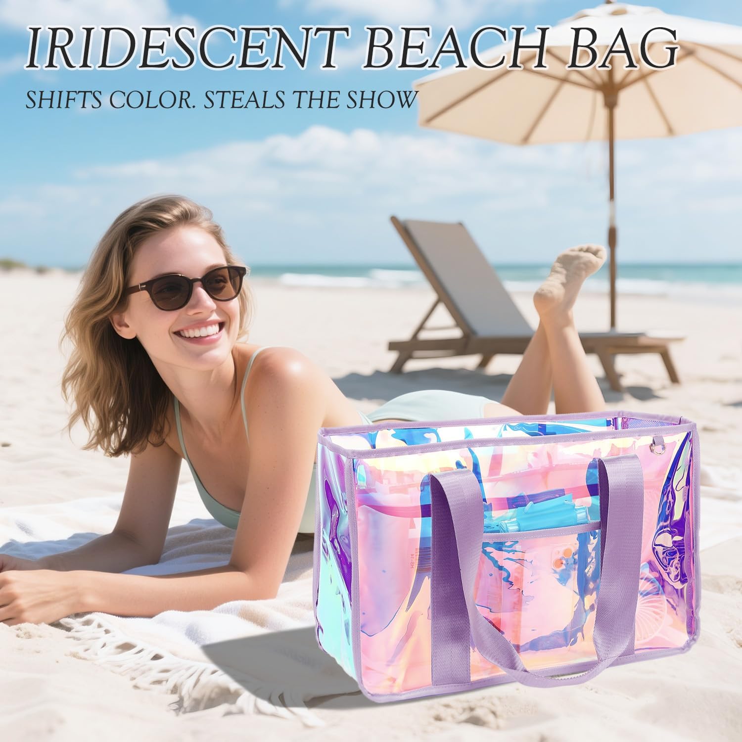 Fammart Iridescent Clear Beach Bags Waterproof Sandproof For Women, Large Jelly Tote Zipper Pool Bag Cruise Essentials 2026