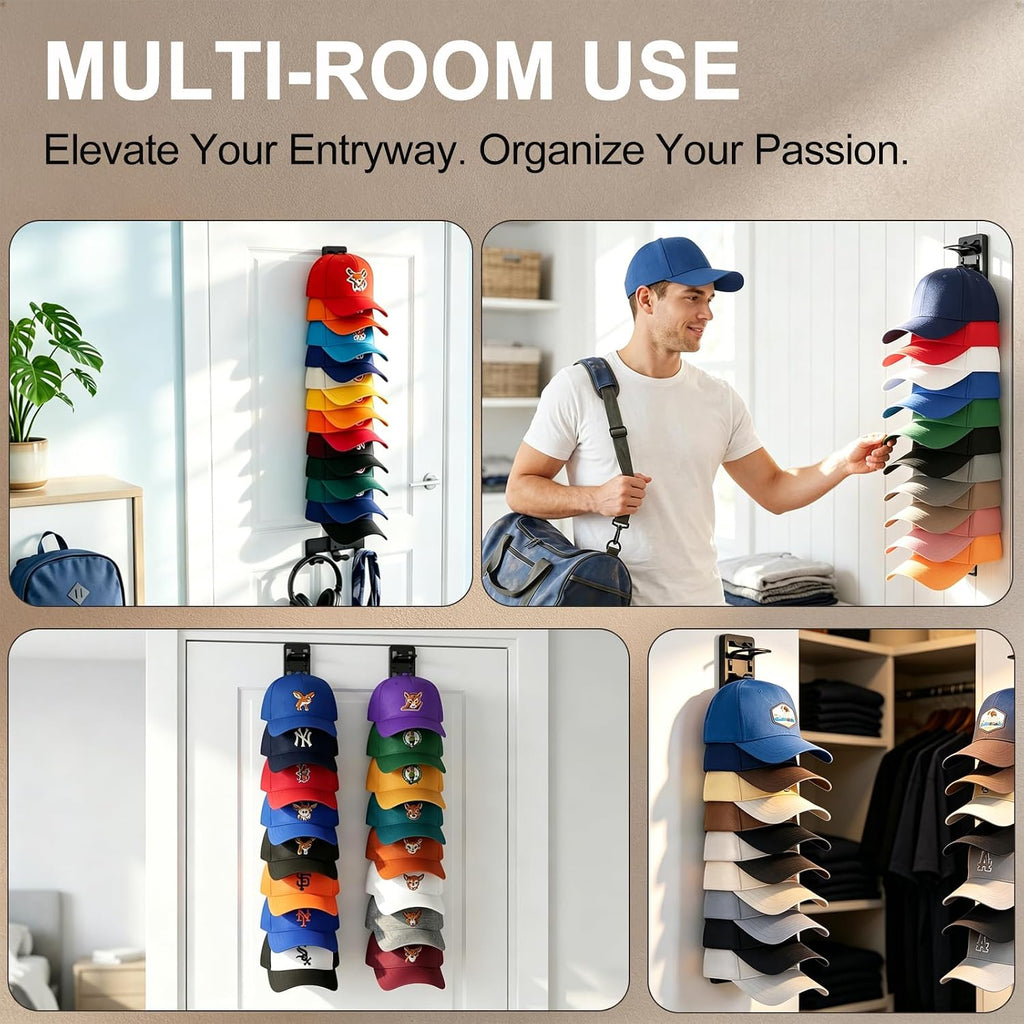 Hat Organizer For Baseball Caps 2 Pack, Hat Rack For Wall, Hat Storage, Hat Holder With Strong Adhesive And Screws (Black)