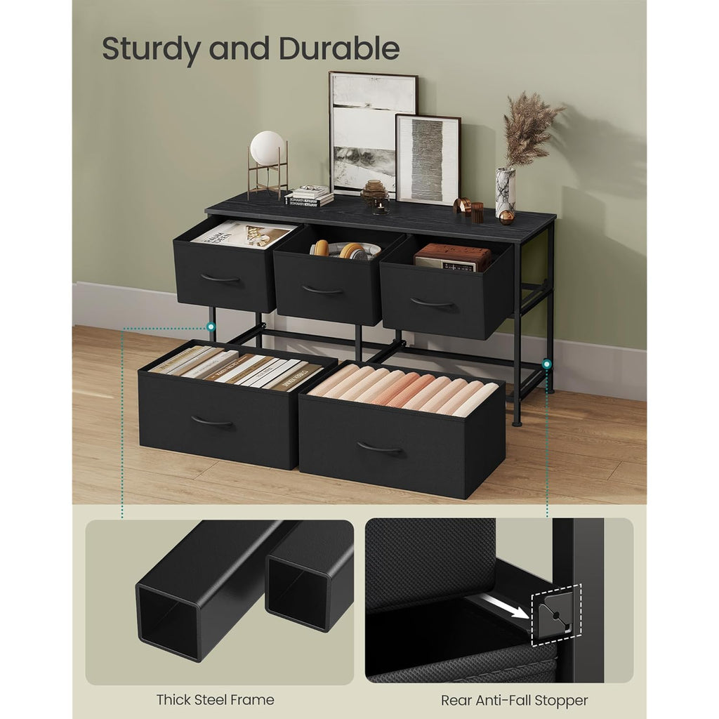 SONGMICS Dresser for Bedroom, Chest of Drawers, Steel, MDF, 5 Non-Woven Fabric Drawers, Storage Organizer Unit, Closet, Entryway, Ink Black and Ebony Black ULGS322B01S