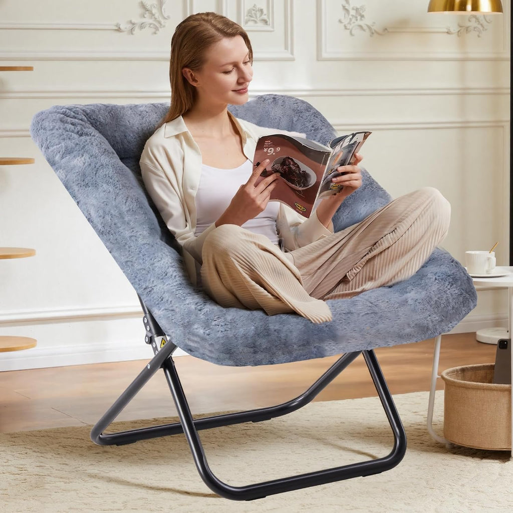 Simple Deluxe Oversized Square Moon Chair For Adults, Soft Faux Fur Folding Lounge Chair With Sturdy Steel Frame, Comfortable Reading Gaming Chair For Living Room, Bedroom, Grey