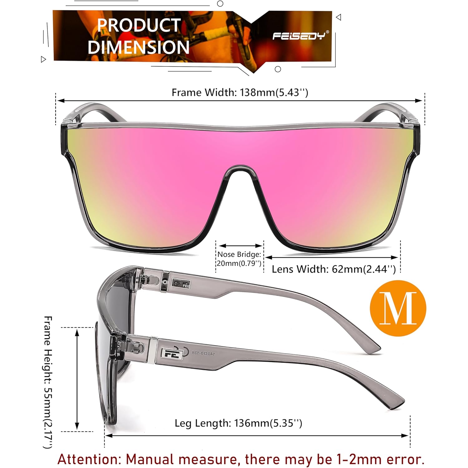 FEISEDY Sunglasses for Women Men, Fashion Mirrored Single Lens, Driving Beach Sunnies UV400 Shades B2996