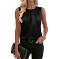 Zeagoo Womens Silk Satin Tank Tops Crew Neck Pleated Camisole Sleeveless Business Work Blouse Dressy Casual Summer Shirt