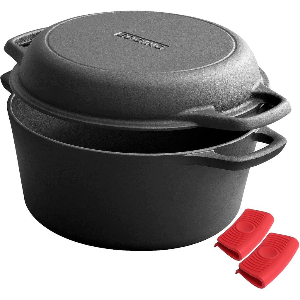 EDGING CASTING 2-in-1 Pre-Seasoned Cast Iron Dutch Oven Pot with Skillet Lid Cooking Pan, Cast Iron Skillet Cookware Pan Set with Dual Handles, Indoor Outdoor for Bread/Frying/Baking/Camping/BBQ, 5 Qt