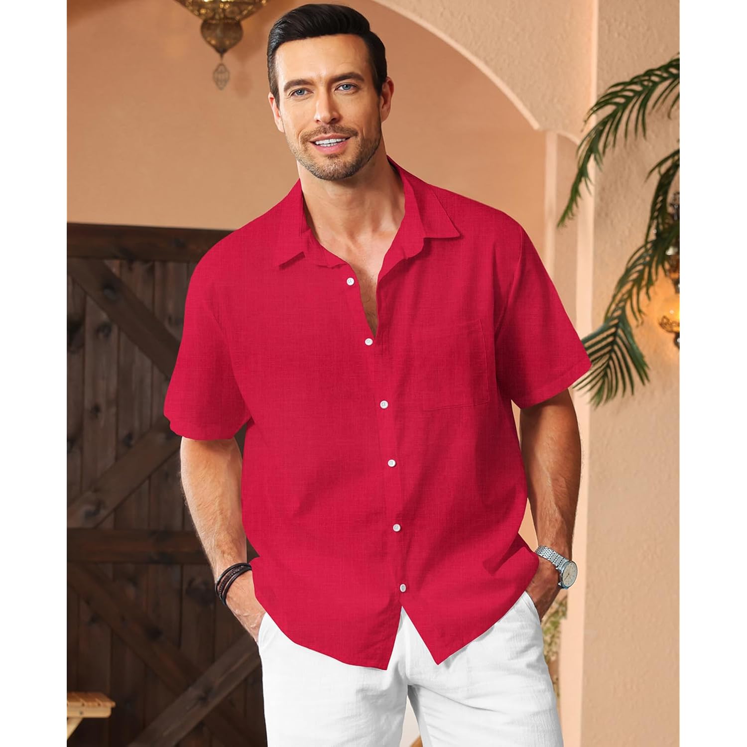 Kyku Men'S Cotton Linen Shirts Casual Men Short Sleeve Button Down Beach Wedding Summer Shirts, With Pocket