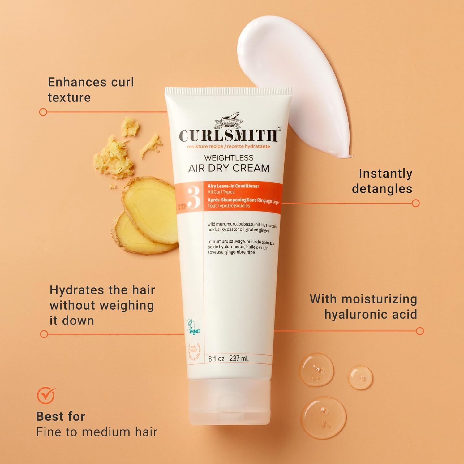 CURLSMITH Weightless Air Dry Cream for Hair, Hydrating and Detangling, Leave In Conditioner for Curly Hair, For All Curl Types, Vegan & Cruelty-free