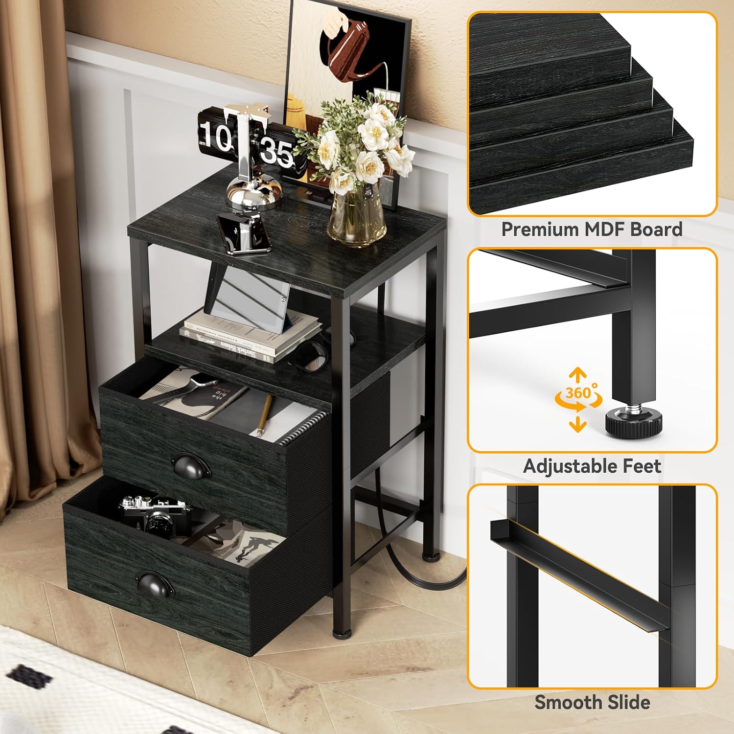 Furologee Nightstands Set Of 2, End Tables With Charging Station And Led Lights, Black Night Stands With 2 Fabric Drawers, Bedside Tables Set Of 2 For Living Room/Bedroom,Black Oak