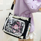 Ita Crossbody Tote Bag, Pin Display With Insert Large Messenger Bag, Cute Tote Bag With Zipper Ruffle, Japanese Aesthetic Y2K