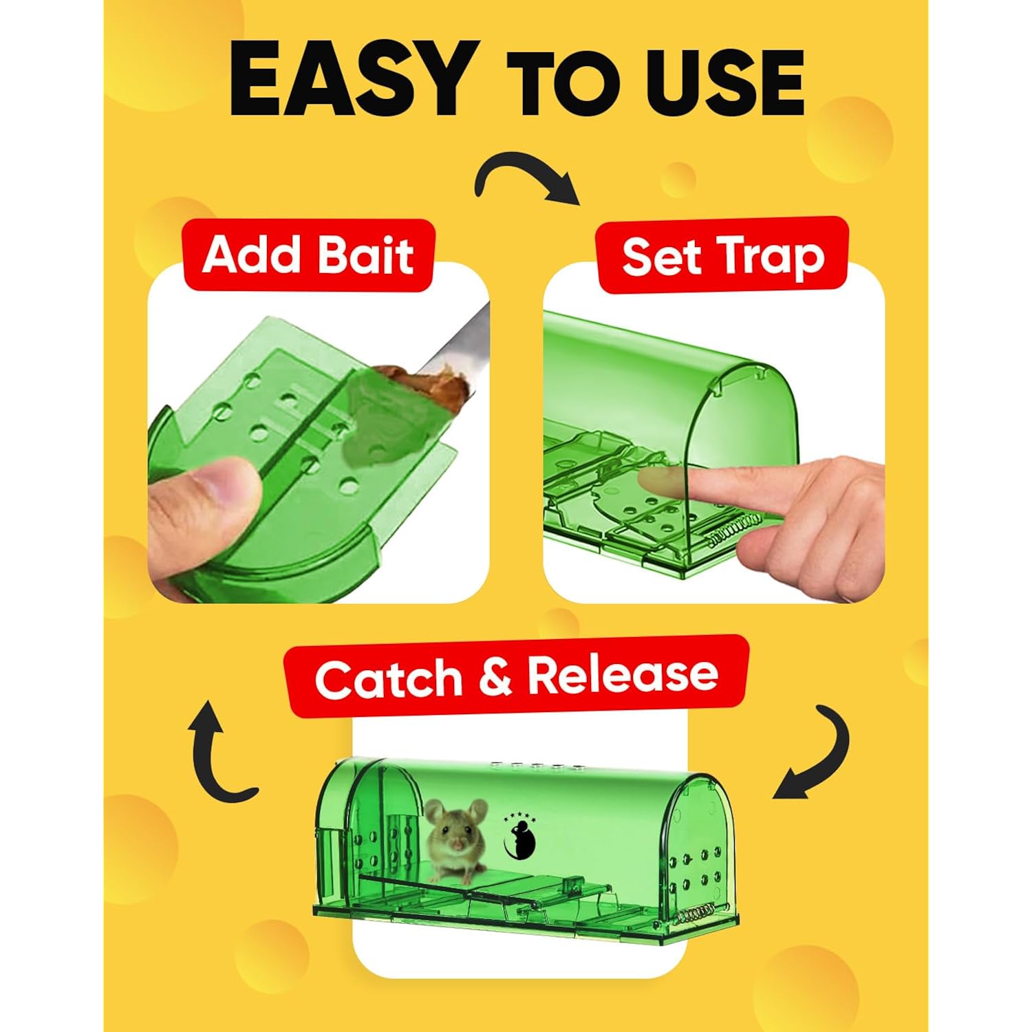 Motel Mouse Humane Mouse Traps No Kill Live Catch And Release 4 Pack - Reusable, Easy To Use & Clean, No Touch Release, Sensitive Includes Cleaning Brush, Instruction Manual & Video - Mousetrap Indoor