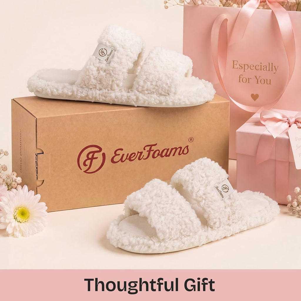 Everfoams Women'S Fuzzy Open Toe Slippers Comfy Soft Memory Foam Indoor House Shoes