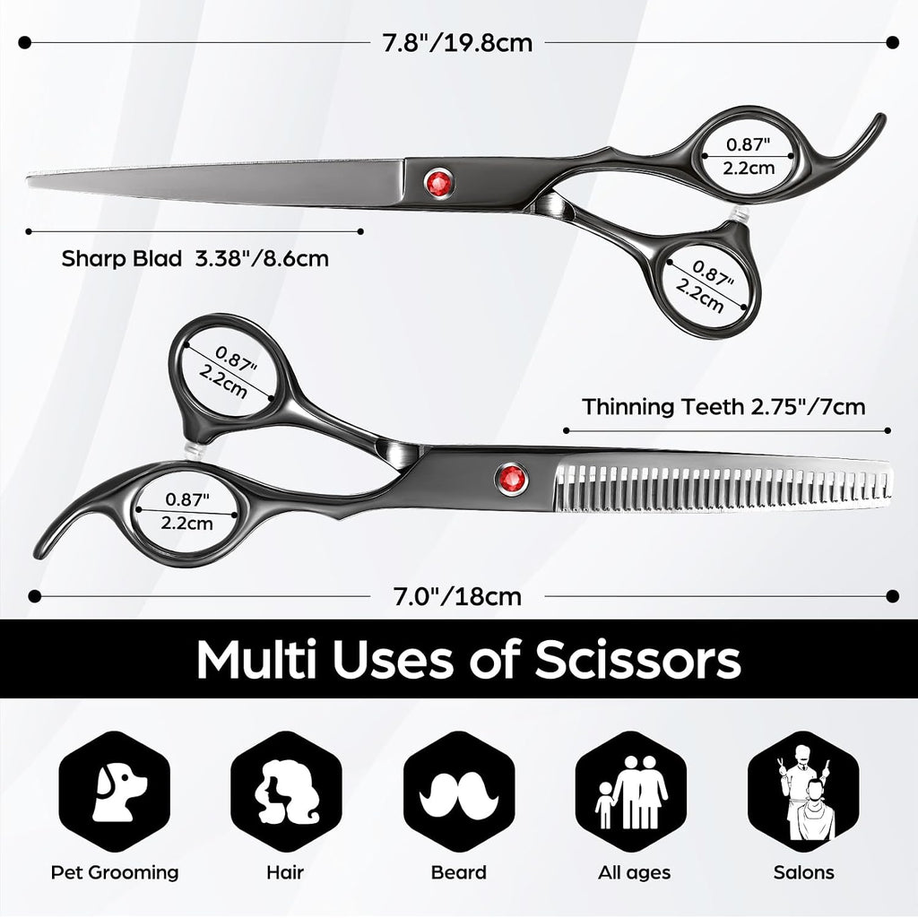 Professional Hair Cutting Scissors Japanese 440C Stainless Steel 7.8 Inch Straight Thinnin Shears Tools For Mother Father Friends' Christmas Gift, Black