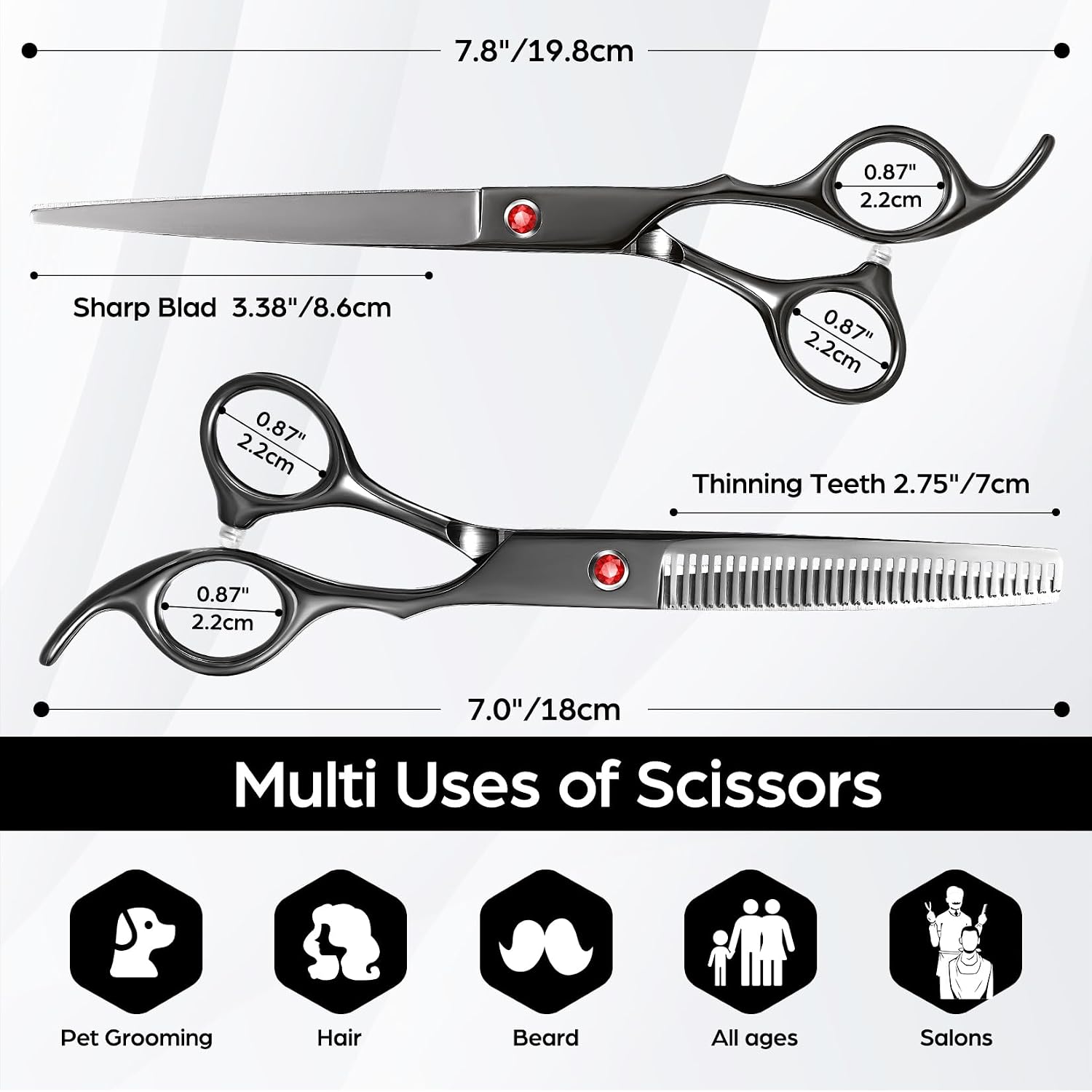 Professional Hair Cutting Scissors Japanese 440C Stainless Steel 7.8 Inch Straight Thinnin Shears Tools For Mother Father Friends' Christmas Gift, Black