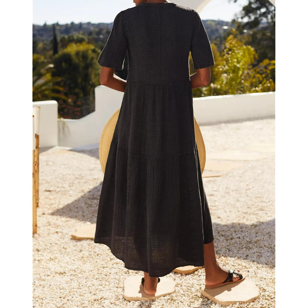 R.Vivimos Womens Summer Cotton Flowy Maxi Dress Short Sleeve V Neck Empire Waist Boho Tiered Ruffle Casual Loose Long Dresses