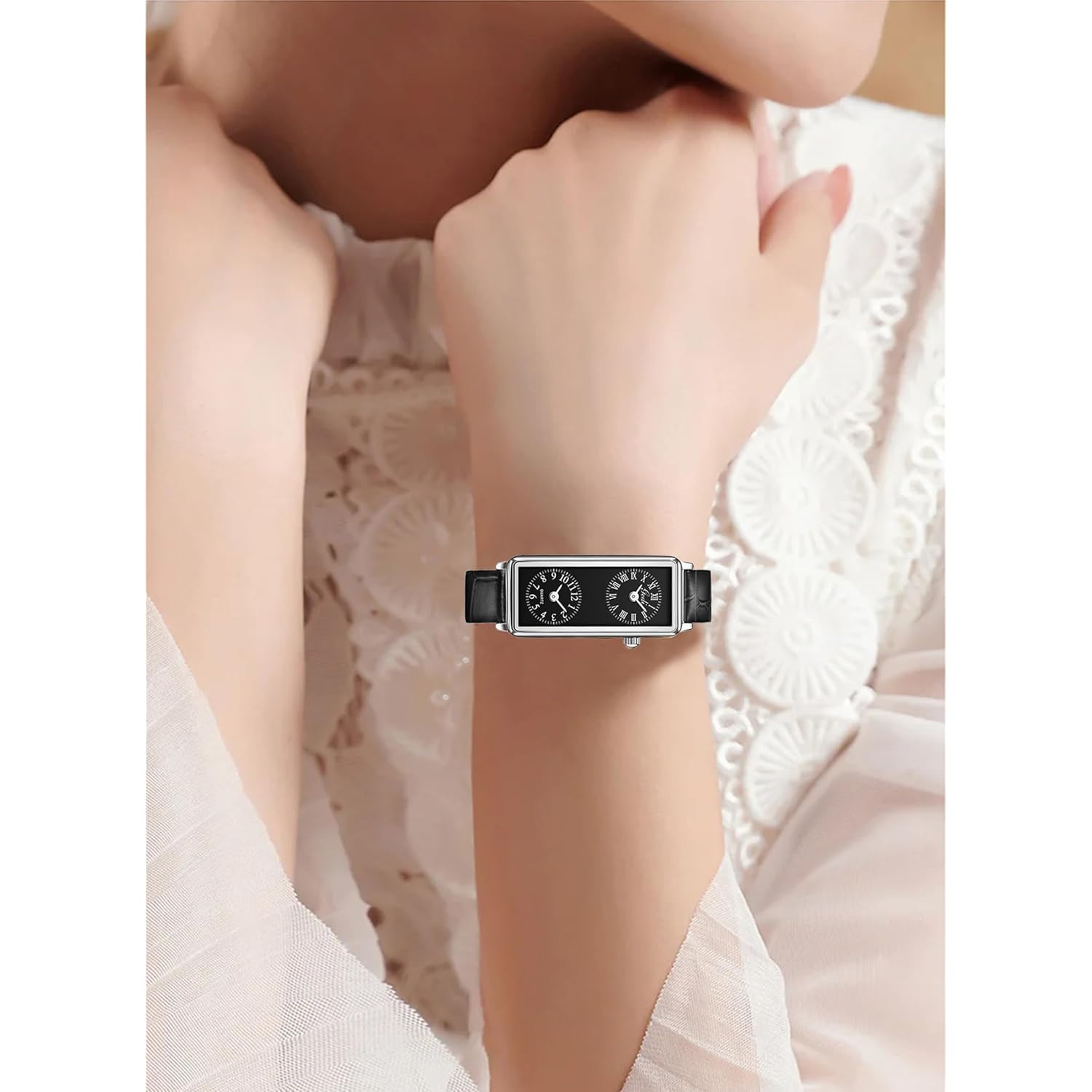 Gosasa Women’s Vintage Rectangle Watch Dual Time Zone Waterproof Ladies Quartz Analog Watch for Small Wrist with Two Dials, Roman & Arabic Numerals, Leather Strap for Travel & Business