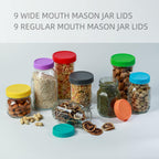 18 Pack 9 Wide Mouth & 9 Regular Mouth Mason Jar Lids With Silicone Rings,Thickened Leak-Proof Lids Fit Ball,Kerr And More, 18 Color Plastic Lids, 86Mm &70Mm Plastic Mason Jar Lids