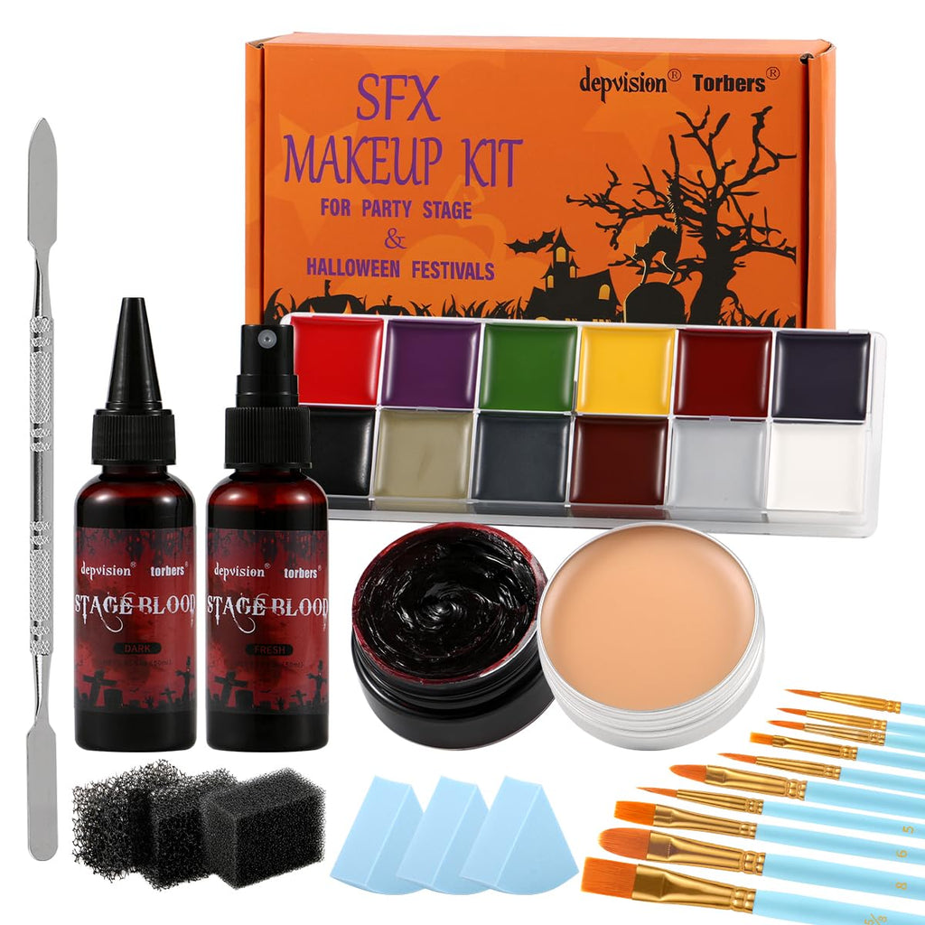 Depvision Sfx Makeup Kit Halloween Makeup Set Professional Face Body Paint Special Effects Makeup Set With Fake Blood Scar Wax Oil Body Paint Sponges Brushes For Halloween Party Sfx Cosplay