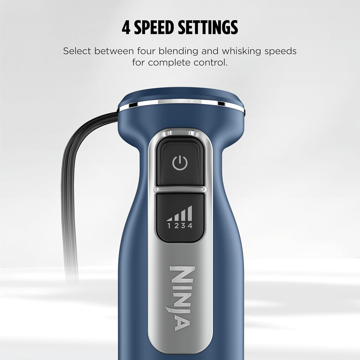 Ninja Immersion Blender and Whisk, Hand Stick Blender, 4 Speeds, with SplatterShield and PanProtect, 4-Cup Blending Vessel, Dishwasher Safe, 5-ft Cord, Ergonomic, Deep Navy, CI201ND