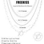 Freekiss Layered Necklaces for Women: 14K Gold/Sterling Silver Plated Chunky Necklace Paperclip Cuban Rope Adjustable Choker T-Bar Toggle Clasp Chunky Necklace for Women Trendy Jewelry Gifts