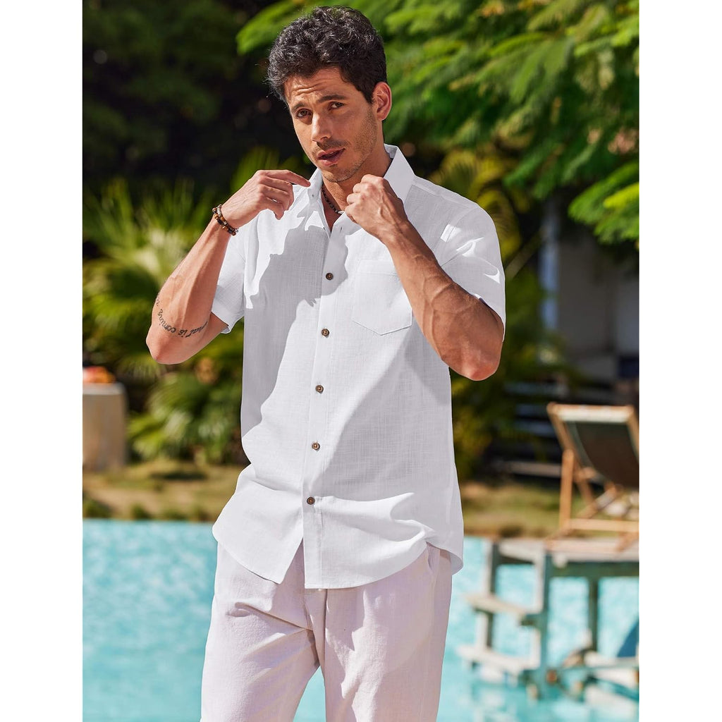 Coofandy Men'S Button Down Shirt Short Sleeve Cotton Casual Summer Shirts Beach Vacation Linen Shirts For Men