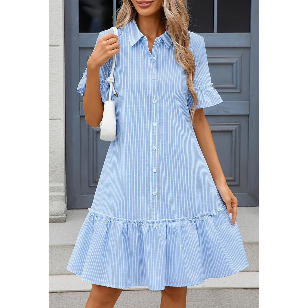 Merokeety Women'S 2026 Summer Casual Shirt Dress Button Down Ruffle Sleeve Shift Mini Dresses With Pockets