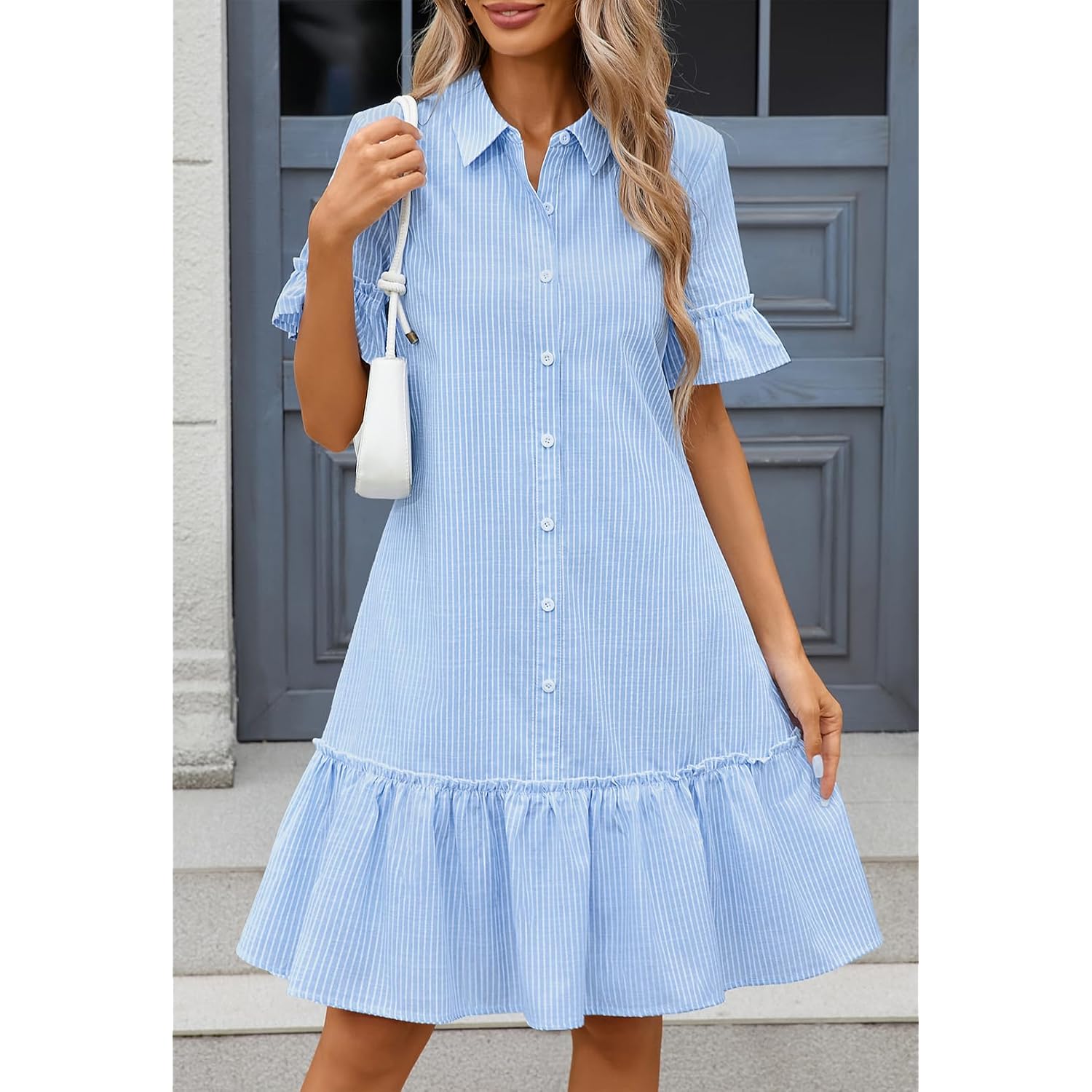 Merokeety Women'S 2026 Summer Casual Shirt Dress Button Down Ruffle Sleeve Shift Mini Dresses With Pockets