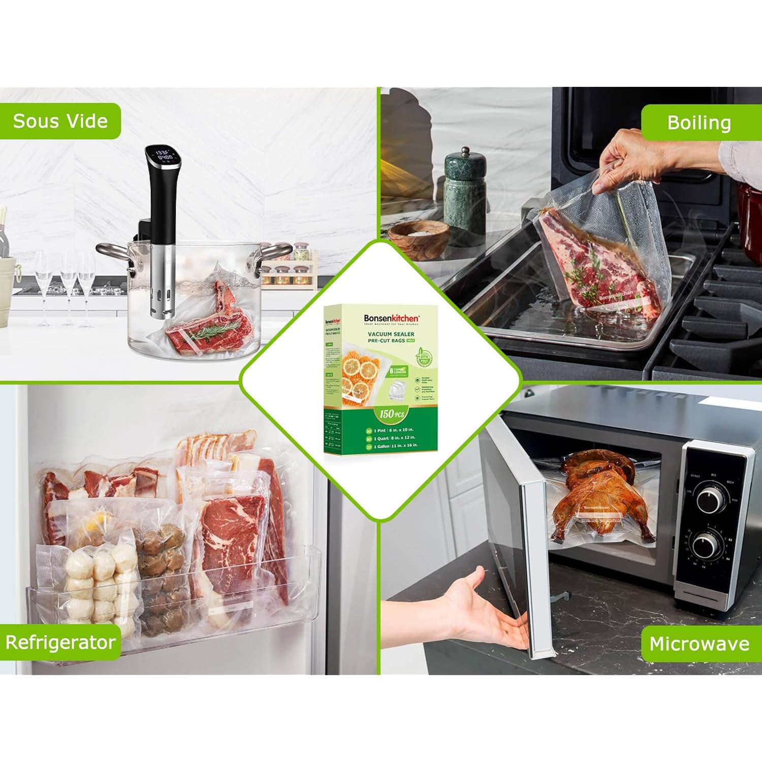 Bonsenkitchen Vacuum Sealer Bags, 20 Gallon 11" x 16"+ 80 Quart 8" x 12"+ 50 Pint 6" x 10", Commercial Grade, BPA Free, Food Sealer Bags for Vac Storage, Meal Prep or Sous Vide Cooking, VB15