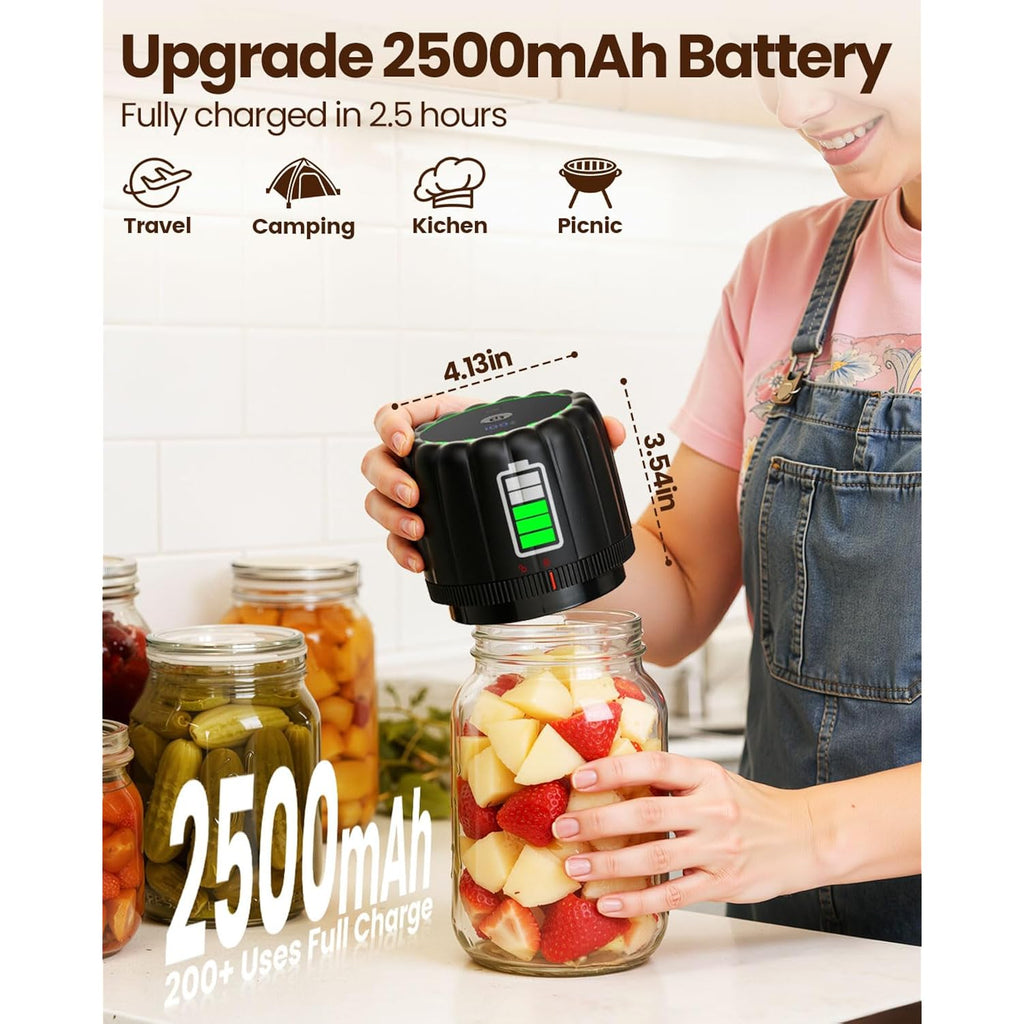 2026 Upgraded Electric Mason Jar Vacuum Sealer Kit with Wide and Regular Mouth Mason Lids -80kpa Automatic Vacuum Pump 2500mAh Battery One Touch Canning Sealing Machine for Food Storage Black