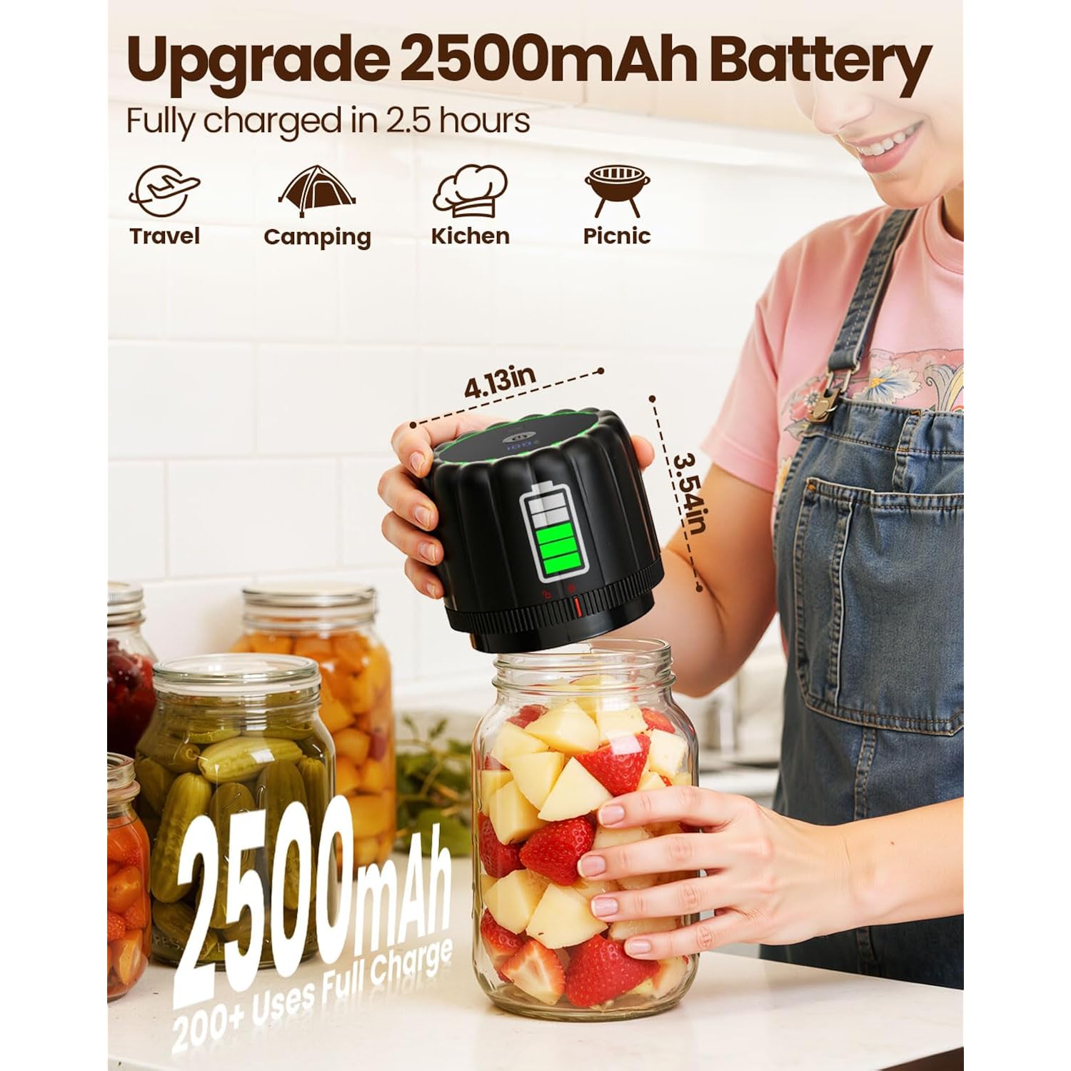 2026 Upgraded Electric Mason Jar Vacuum Sealer Kit with Wide and Regular Mouth Mason Lids -80kpa Automatic Vacuum Pump 2500mAh Battery One Touch Canning Sealing Machine for Food Storage Black
