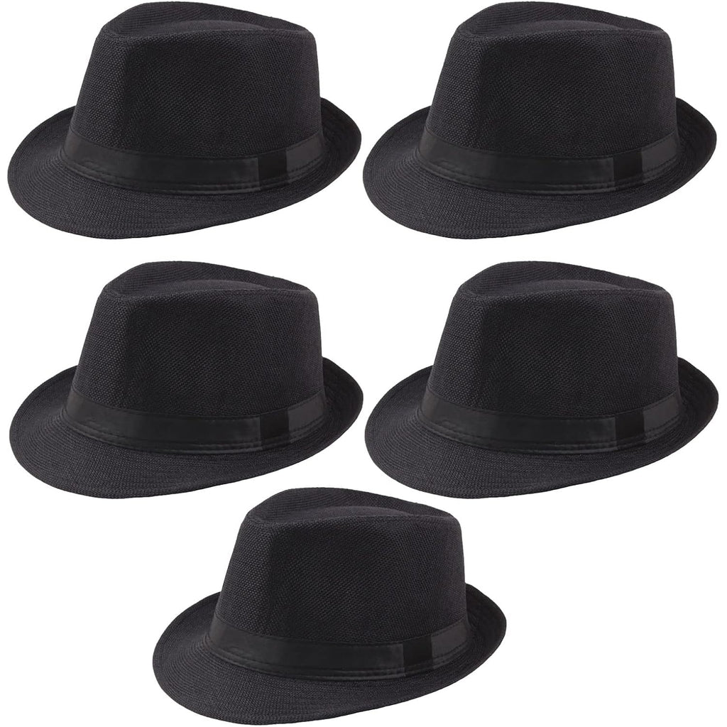 5 Pack Short Brim Fedora Classic Summer Beach Sun Hat Panama Cap for Men Women 5pack-black