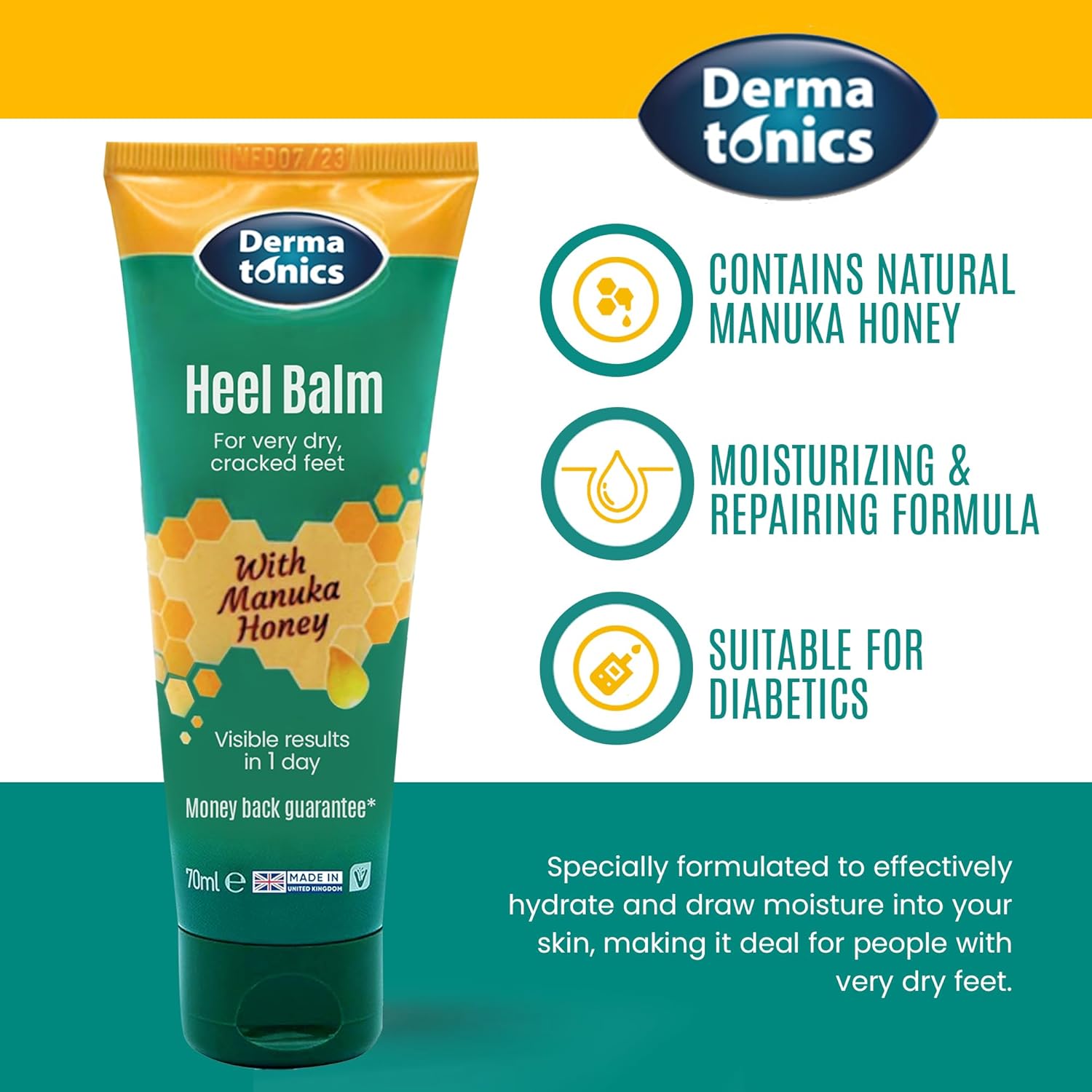 Dermatonics Foot Cream for Dry Cracked Heels - 25% Urea with Manuka Honey, Intensive Moisturizing Heel Treatment, Callus Remover, Exfoliating Care for Rough Feet Elbows Hands - Skin Repair, 2.37 oz