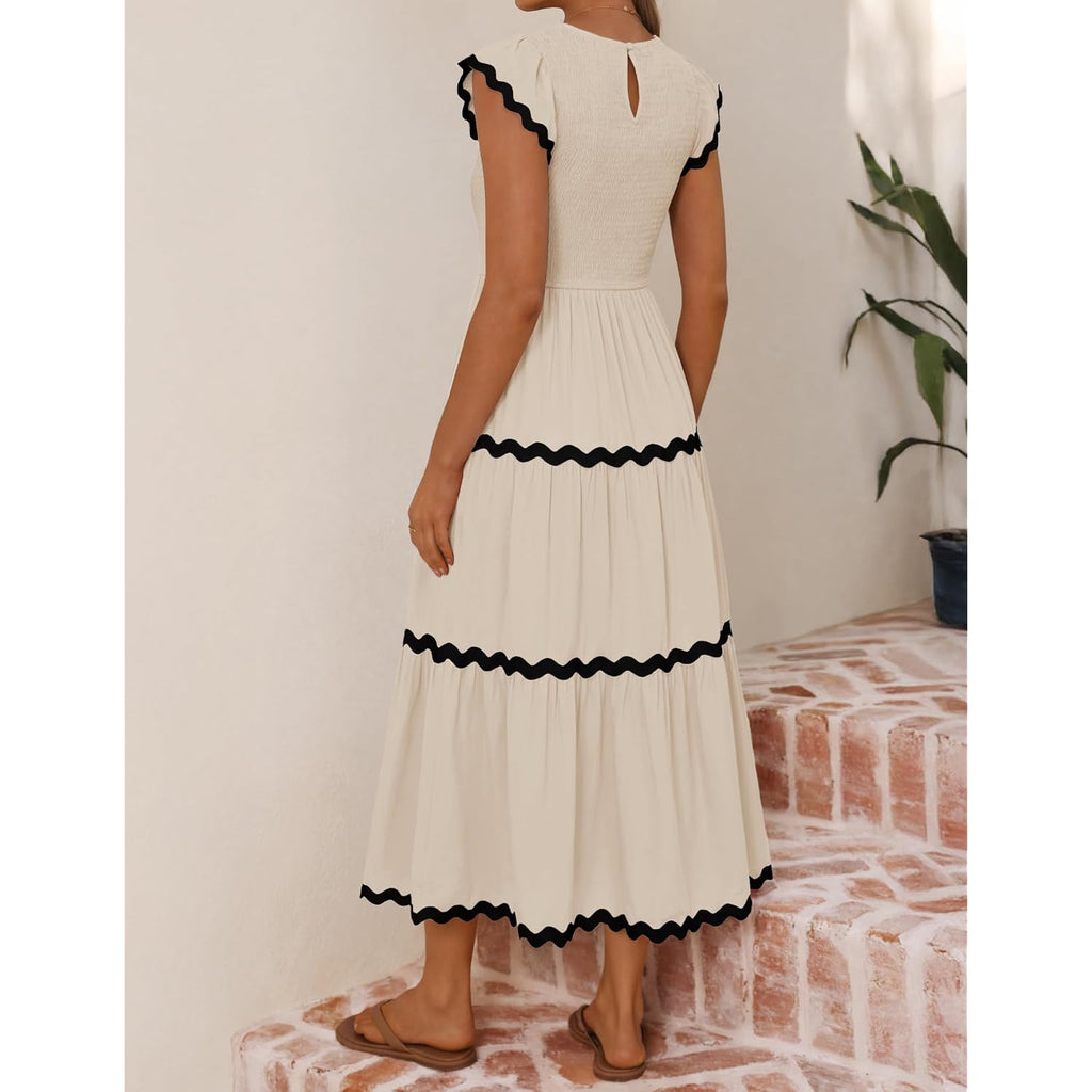 Zesica Womens Summer Casual Smocked Midi Dress 2026 Flutter Short Sleeve High Waist Tiered Flowy Boho Vacation Dresses