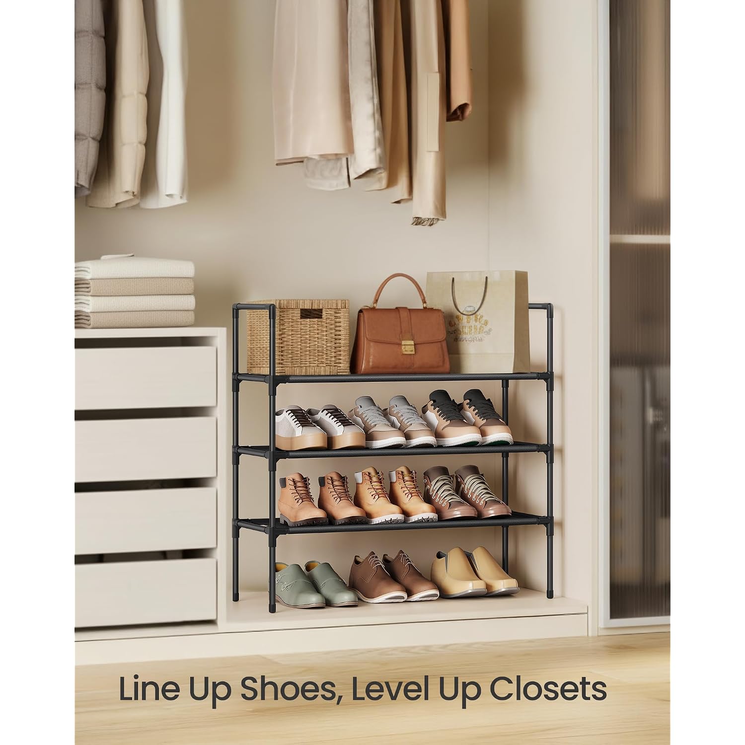 Songmics 3-Tier Shoe Rack, Shoe Storage For Hallway Closet, Slim And Space-Saving, Metal Frame, Non-Woven Fabric Shelves, Black Ulsh043Bh01