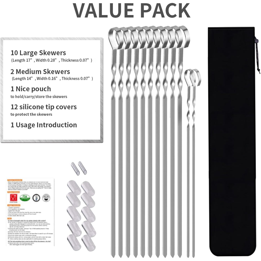 Skewers - 17" Kabob Skewers For Grilling, Metal Sticks For Kabobs Stainless Steel Flat Long Shish Kebab Reusable Grill Bbq Barbecue Sticks For Meat Chicken Vegetable, 12 Pack Bonus 14 Inch