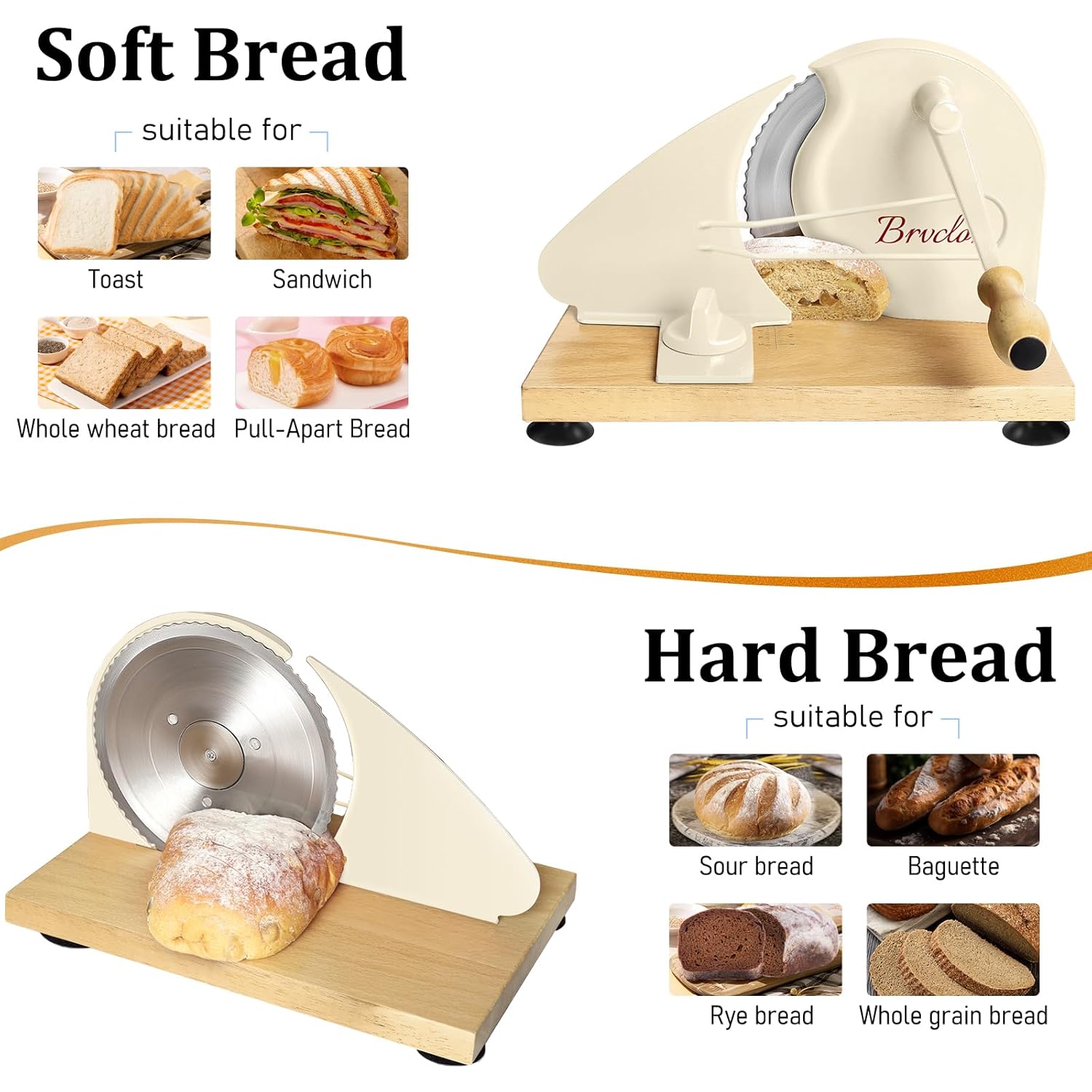 Brvclon Manual Bread Slicer for Homemade Sourdough,Adjustable Thickness,Hand Crank Bread Slicer with Stainless Steel Blade, Aluminum Alloy Frame & Solid Wood Base with Natural Wood Veneer Finish