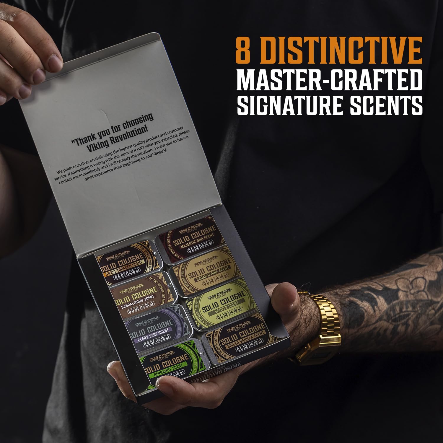 Viking Revolution 8 Pack Solid Cologne for Men - Men's Cologne Gift Set Including Sandalwood, Vetiver, Sweet Tobacco, Clary Sage, Spiced Vanilla, Cedar Pine - Travel Size Gifts for Men (0.5 Oz each)