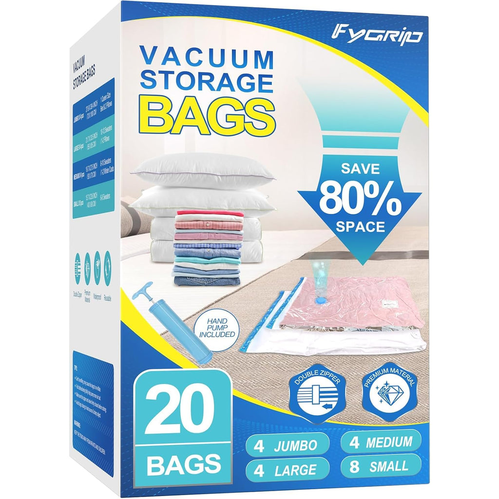 Vacuum Storage Bags With Hand Pump, Plastic Packaging Bags, 80% Space Saver Vacuum Seal Bags For Clothing, Travel Lugggage, Blankets, Comforters, 20 Combo