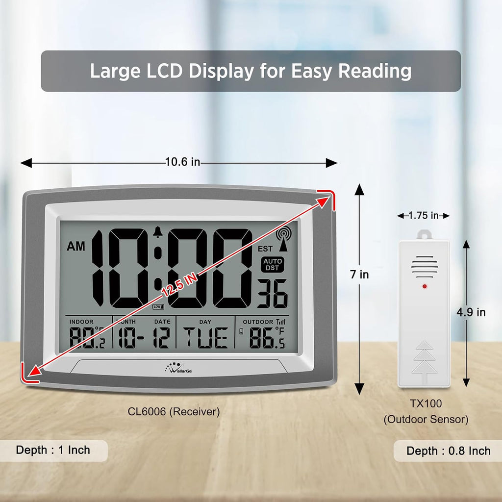 Atomic Clock With Outdoor And Indoor Temperature - 12.5 Inch Self-Setting Digital Clock Large Display, Battery Operated Wall Clocks Or Desk Clocks For Bedroom, Livingroom, Office