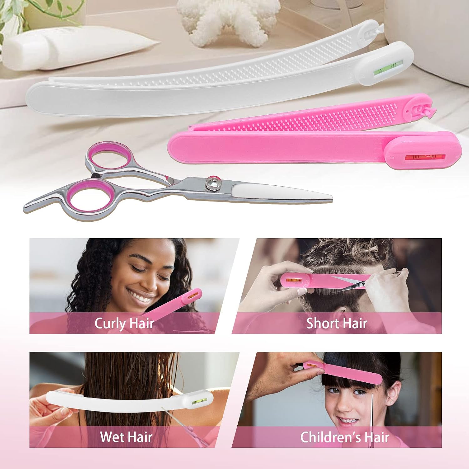 Professional Hair Cutting Scissors Kit For Women & Kids - 3-Piece Hair Cutting Tools, Stylist Barber Scissors For Bangs, Layers, Split Ends - Home Haircut Kit (Pink)