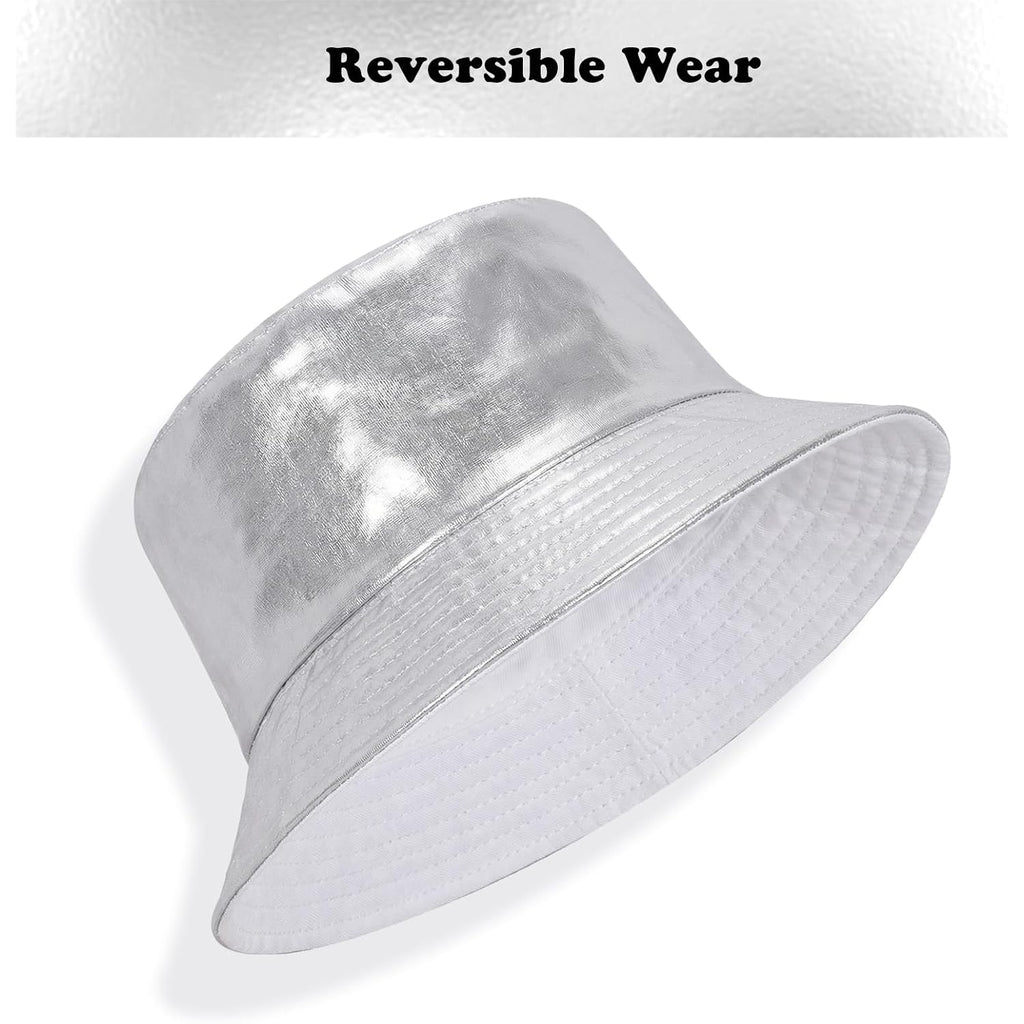 Fumwase Metallic Bucket-Hat Unisex Trendy Fisherman Sun Cap Packable Party Accessories Hats for Men Women Sliver