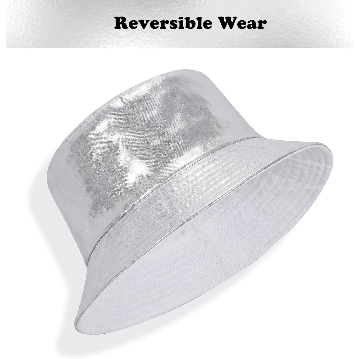 Fumwase Metallic Bucket-Hat Unisex Trendy Fisherman Sun Cap Packable Party Accessories Hats for Men Women Sliver