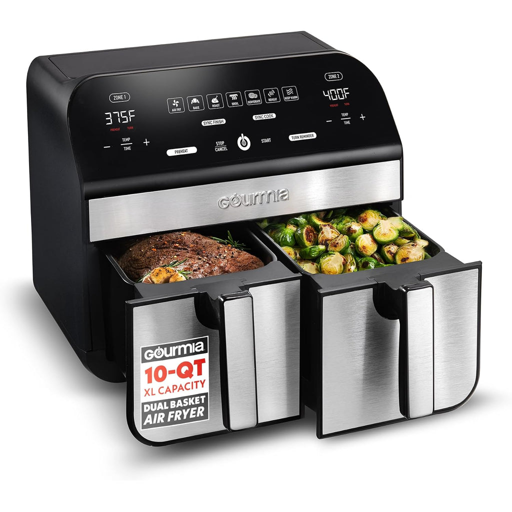 Gourmia Dual Basket Air Fryer - 10 Qt Large Capacity, Fryforce360º, Digital Display With 7 Presets, Roast, Bake, Broil, Dehydrate, Match Cook, Sync Finish, Dishwasher Safe Accessories, Black