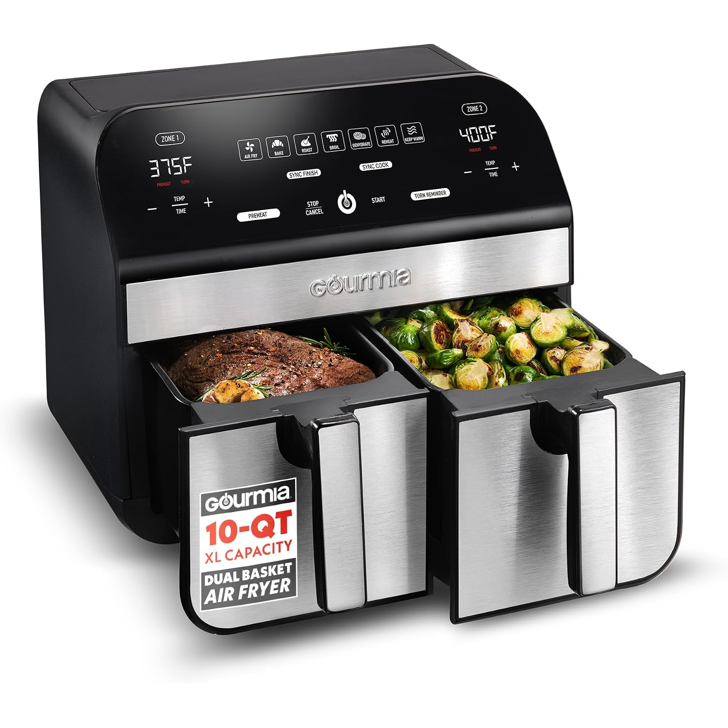 Gourmia Dual Basket Air Fryer - 10 Qt Large Capacity, Fryforce360º, Digital Display With 7 Presets, Roast, Bake, Broil, Dehydrate, Match Cook, Sync Finish, Dishwasher Safe Accessories, Black